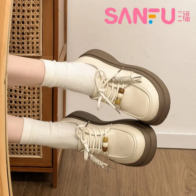 SANFU/三福松糕软底乐福鞋女2025春秋新款串珠日系轻便百搭小皮鞋