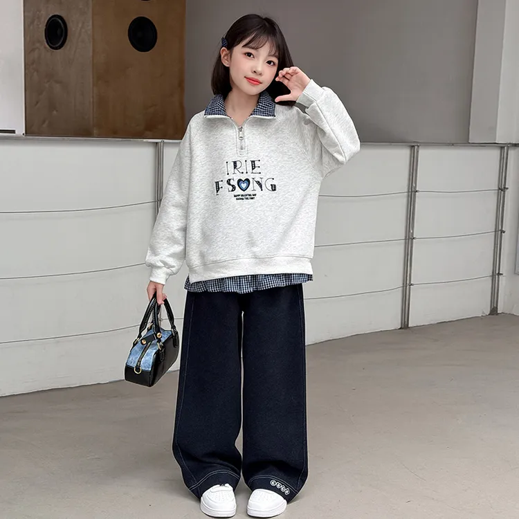 女童套装春秋装2025新款中大童韩版休闲假两件卫衣牛仔裤两件套