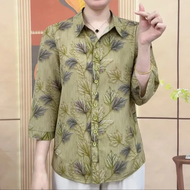 开衫中老年时髦夏季新款中年七分袖衬衫洋气百搭休闲妈妈时尚上衣