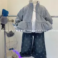 女童加绒外套秋冬2025双层花边下摆拉链衫 休闲开衫miu系花苞套装