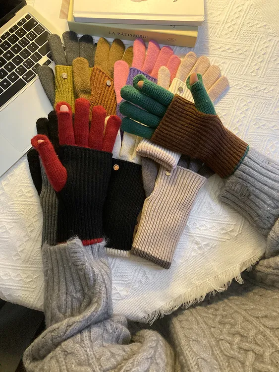 美拉德两用拼色针织毛线手套女士冬季露指可触屏保暖护腕骑行学生