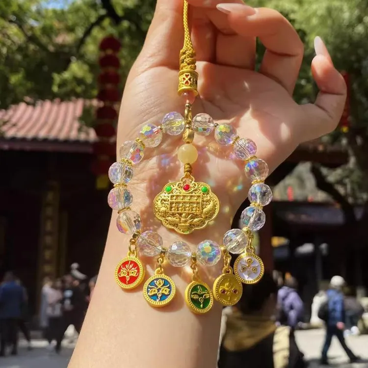杭州灵隐五路财神炫彩车挂五彩水晶琉璃算盘平安锁汽车挂件挂饰