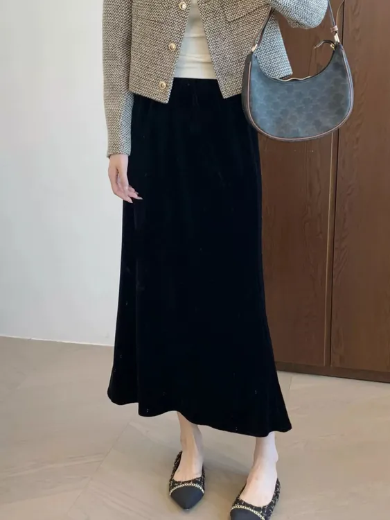 【侧开叉+不开叉】丝绒高腰鱼尾裙半身裙女秋季新款缎面黑色半裙