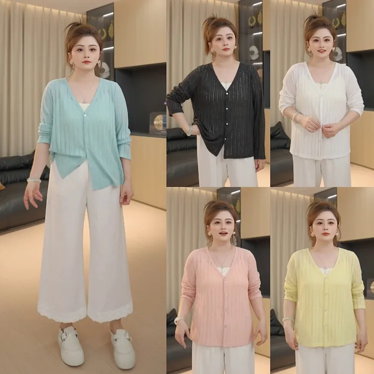 【胖佳佳】现货~海岛漫游记 长袖v领针织开衫薄款百搭H625Z07649