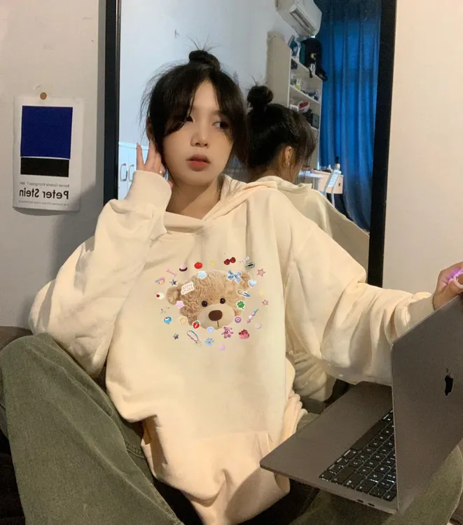 重磅加厚银狐绒连帽卫衣女可爱小熊印花秋冬季女卫衣国潮白色潮流