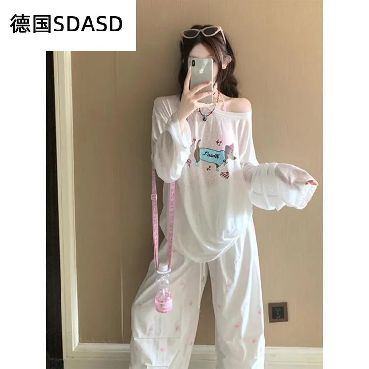 德国SDASD白色微透腊肠狗印花防晒罩衫女夏季露肩薄纱上衣宽松韩