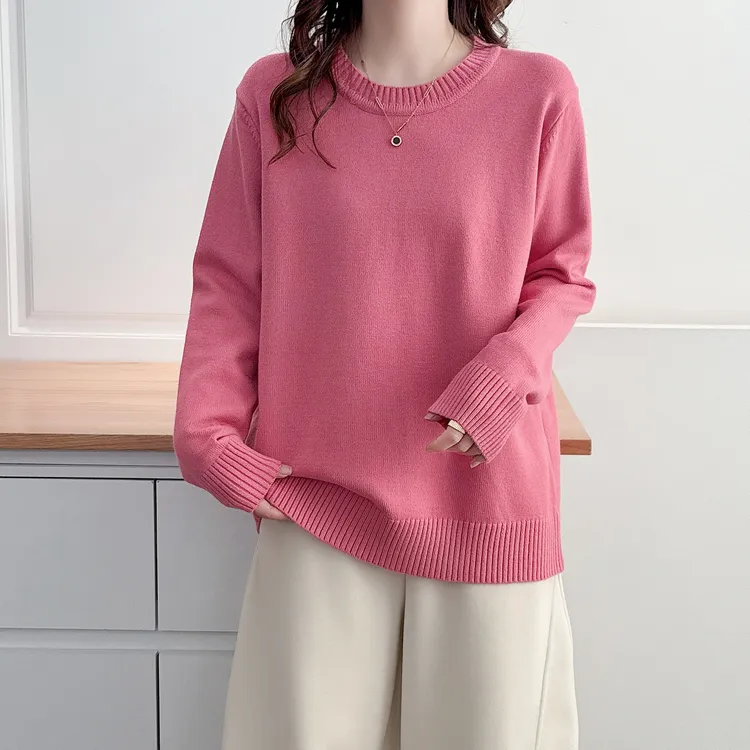 大码胖mm长袖毛针织衫秋冬圆领宽松百搭简约休闲韩版毛衣打底衫女