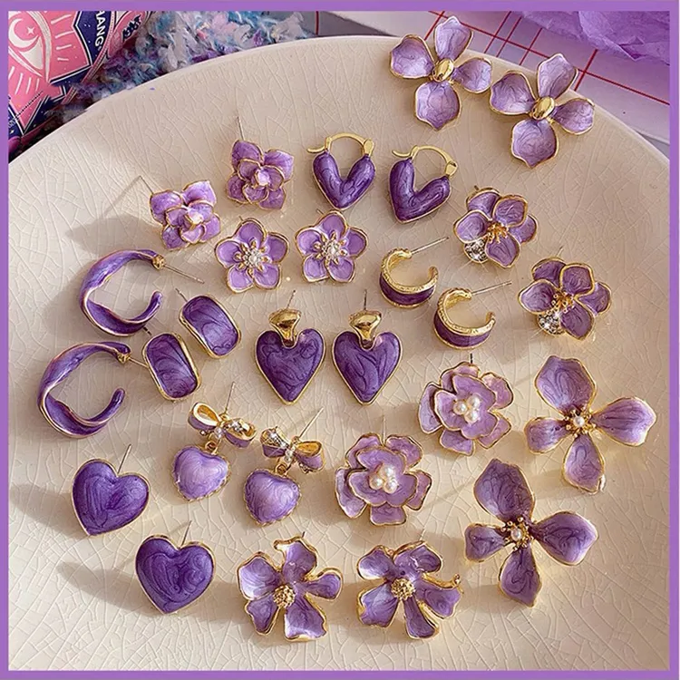 合金无非金属耳饰 紫色系滴油花朵爱心耳环小清新夏季甜美耳钉时