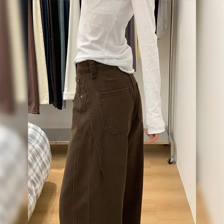 咖色美拉德加绒阔腿牛仔裤女2025冬季新款高腰宽松垂感显瘦弯刀裤