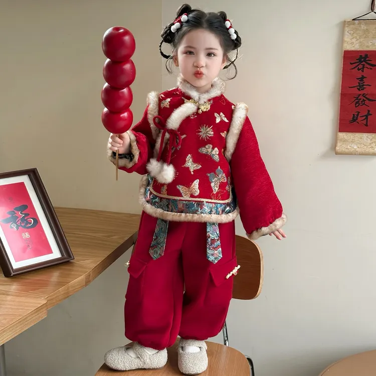 女童拜年服冬季2025新款小童国风加厚新中式冬装女宝宝唐装两件套