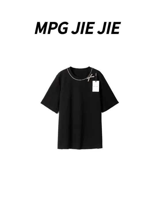 MPG JIEJIE【至美时刻】25夏季黑色宽松拼接蝴蝶结少女感圆领T恤