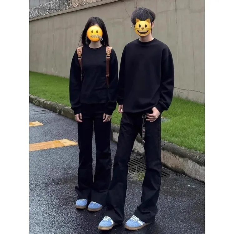 黑色美式长袖圆领T恤男款秋冬boxy重磅加绒卫衣高级感内搭打底衫