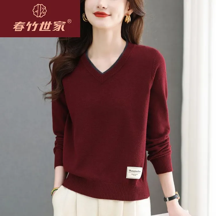 春竹世家名品牌羊毛衫女宽松短款V领针织洋气打底衫春秋冬新百搭