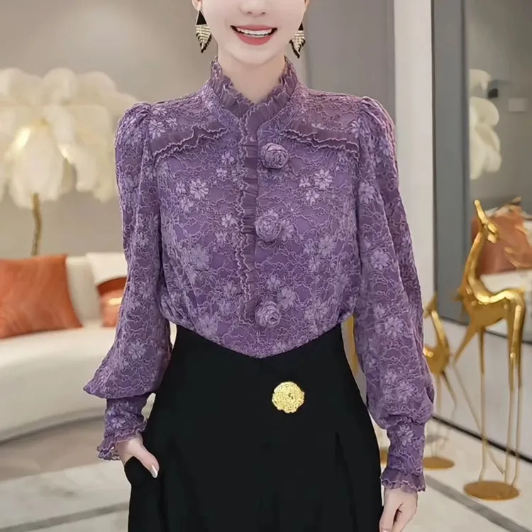 2021法式紫色衬衫女士2024秋冬季新款高级感洋气减龄休闲显瘦丝绒