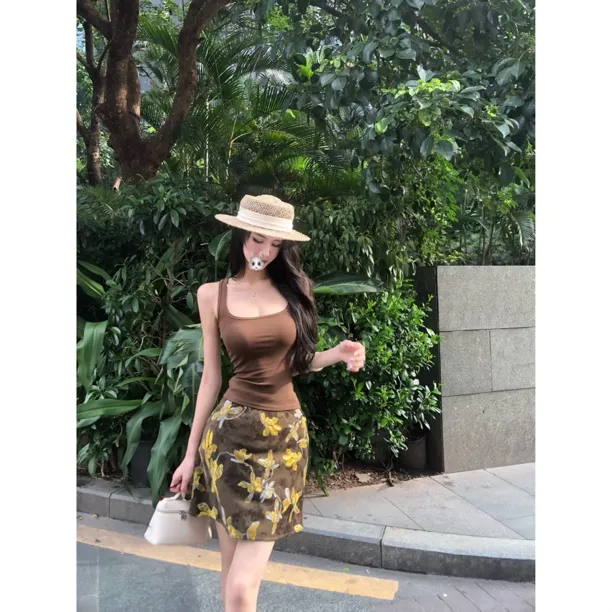 吊带复古油画印花A字显瘦半身裙6525