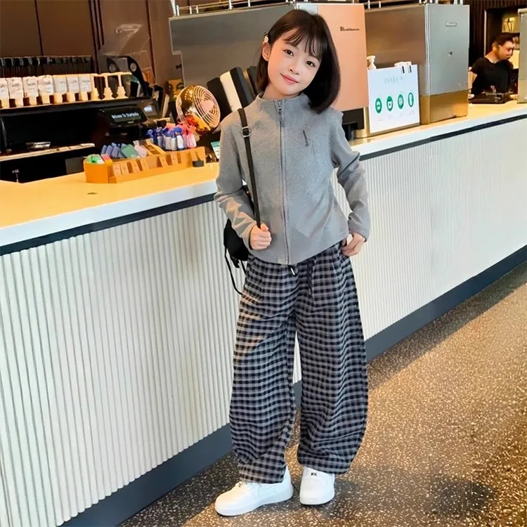 女童秋季新款套装休闲纯色拉链上衣格子弯刀裤休闲百搭两件套