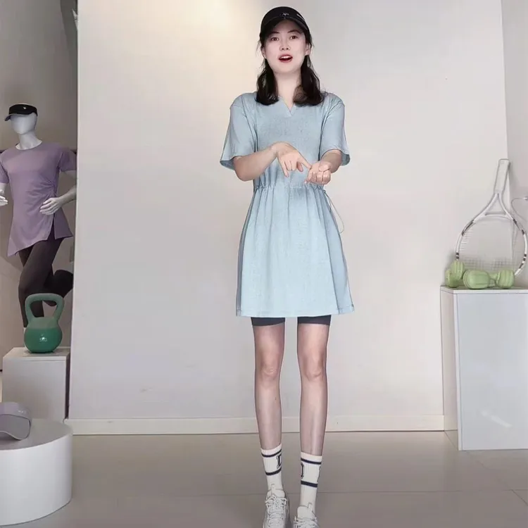 V领宽松版运动短袖女抽绳收腰瑜伽T恤瑜伽罩衫遮臀位胖大码健身衣