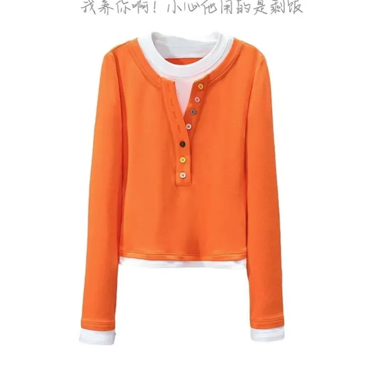 2025春季新款时尚圆领假两件T恤女弹力上衣百搭假两件上衣