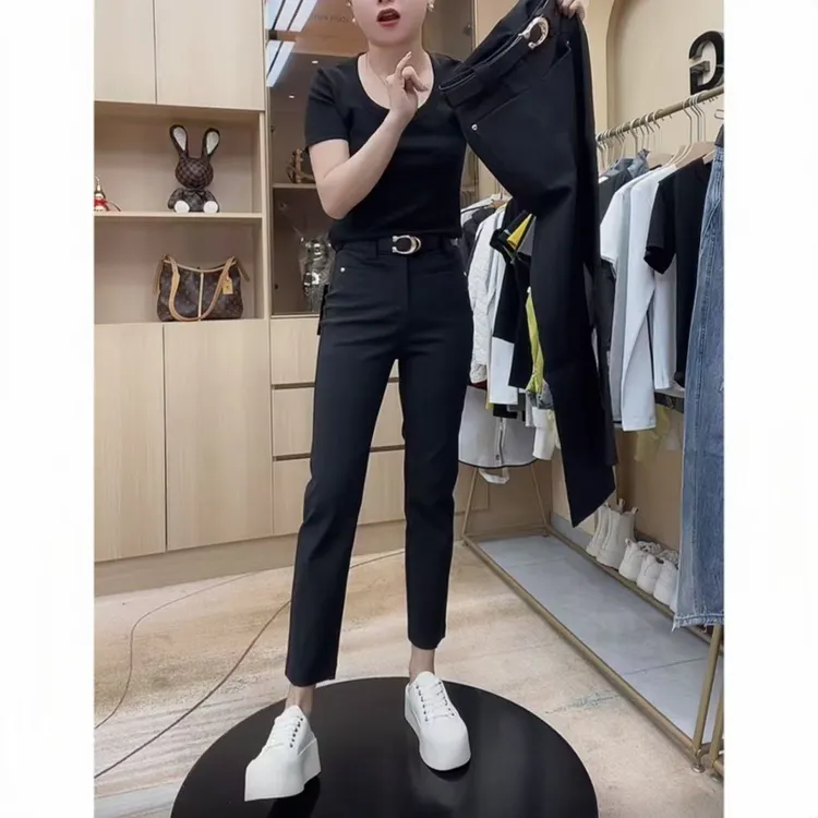 飞芊娅微胖大码时尚高腰直筒烟管裤女春季新款修身显瘦九分休闲裤