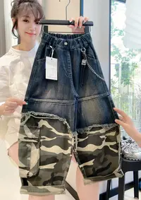 【半截迷彩】2025男童秋季新款痞帅蓝色拼接迷彩潮酷牛仔弯刀裤MC11