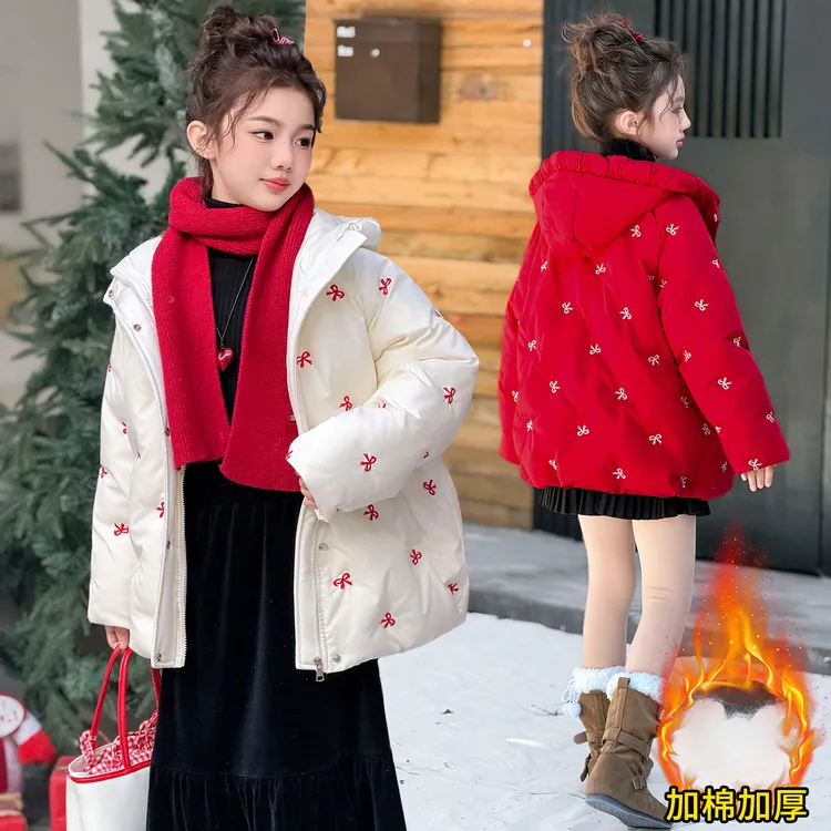 女童公主风棉衣蝴蝶结刺绣棉袄中大童6-12岁女孩时尚洋气红色棉服