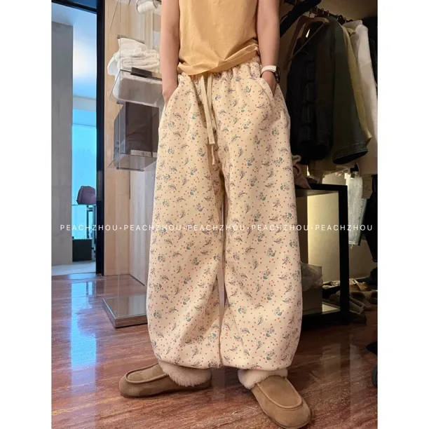 PEACHZHOU 满印俏皮小兔印花抓绒宽松休闲裤松紧腰减龄束脚卫裤女