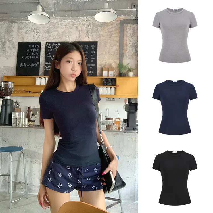 Moses Queen/魔西女王夏季新款软糯正肩短袖t恤圆领修身显瘦上衣