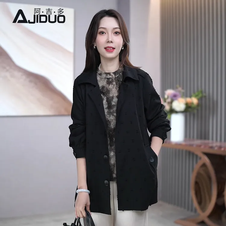 A22521阿吉多黑色长袖外套女春秋新款大码巨好看韩版时尚夹克上衣