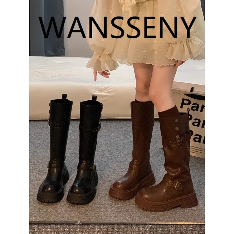 WANSSENY长筒靴2025新款秋季棕色高筒靴子美拉德骑士靴厚底马丁靴