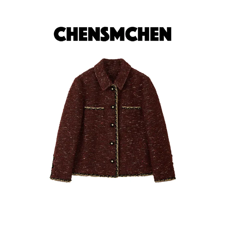 CHENSMCHEN圣诞款酒红色小香风外套女精致优雅气质上衣CSY10915JX