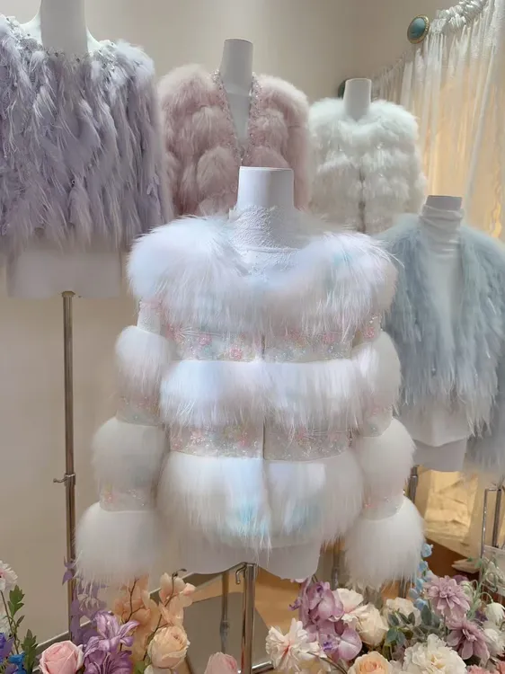 【妖姬衣橱】千金风重工名媛珍珠花朵幻彩貉子毛皮草外套