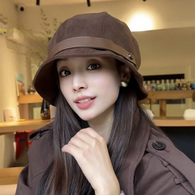 秋冬新款灯芯绒渔夫帽女气质一帽多戴可做小礼帽显脸小骑车可戴潮