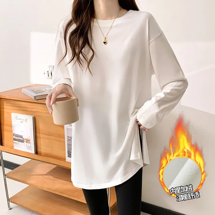 秋冬季上新纯色基础中长款T恤女双面保暖德绒T恤百搭休闲长袖T恤