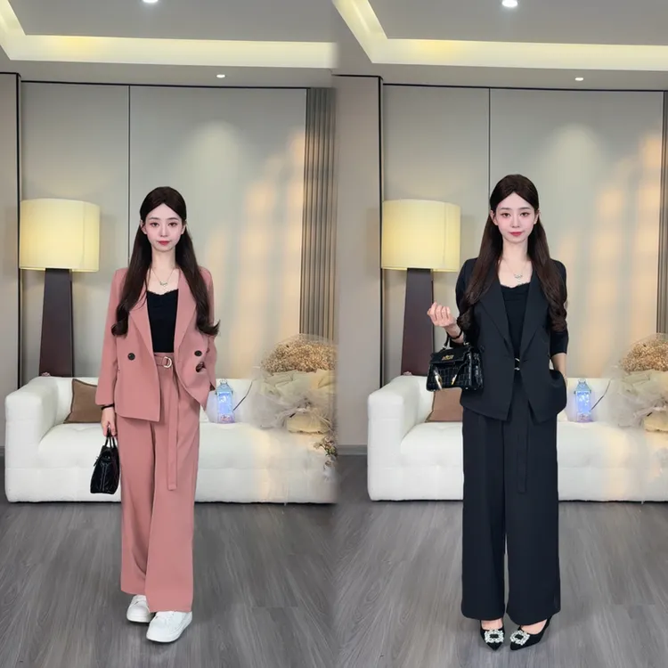【桃墨轻忧】小个子定制时尚廓形轻奢西装套装阔腿裤两件套2504