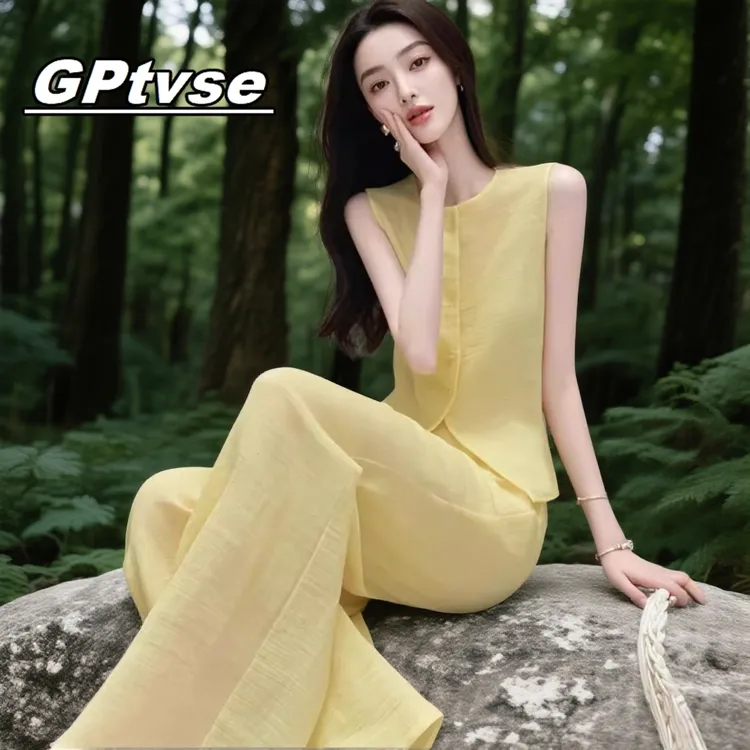 GPTVSE减龄2025夏装整套法式时尚炸街超好看漂亮黄色上衣裤子休闲