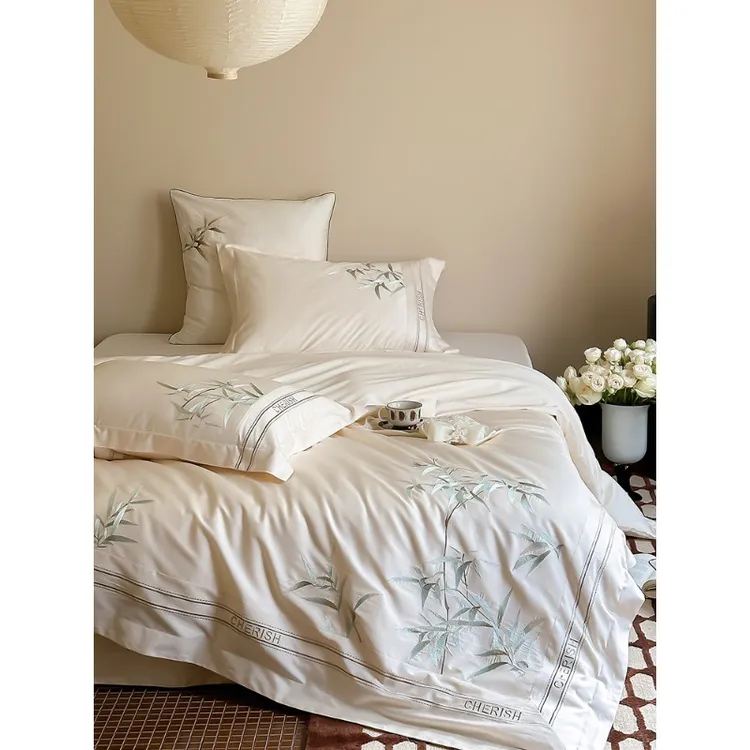 新中式风四季双股澳棉纯棉四件套国风竹子刺绣全棉被套床上用品