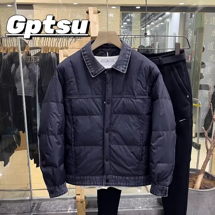 GPTSu冬季假两件轻薄款羽绒服男潮牌牛仔拼接百搭白鸭绒翻领外套