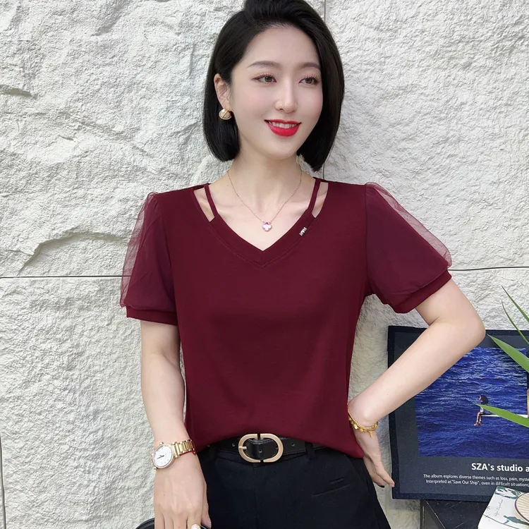 【韩紫朵 】新品双袖网纱V领洋气时尚百搭t恤修身显瘦短袖气质80508