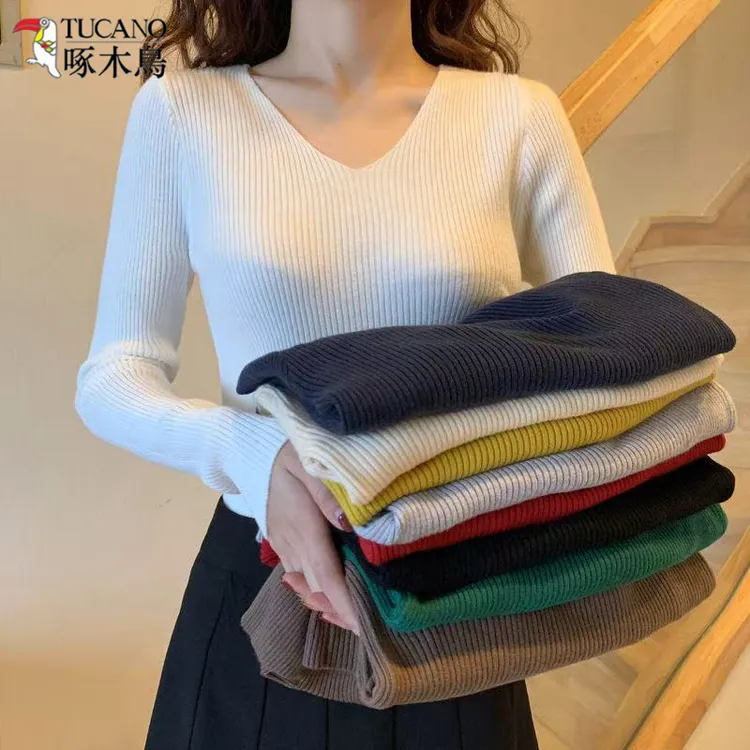 TUCANO/啄木鳥韩版V领套头毛衣女春秋款修身显瘦打底衫针织衫上衣