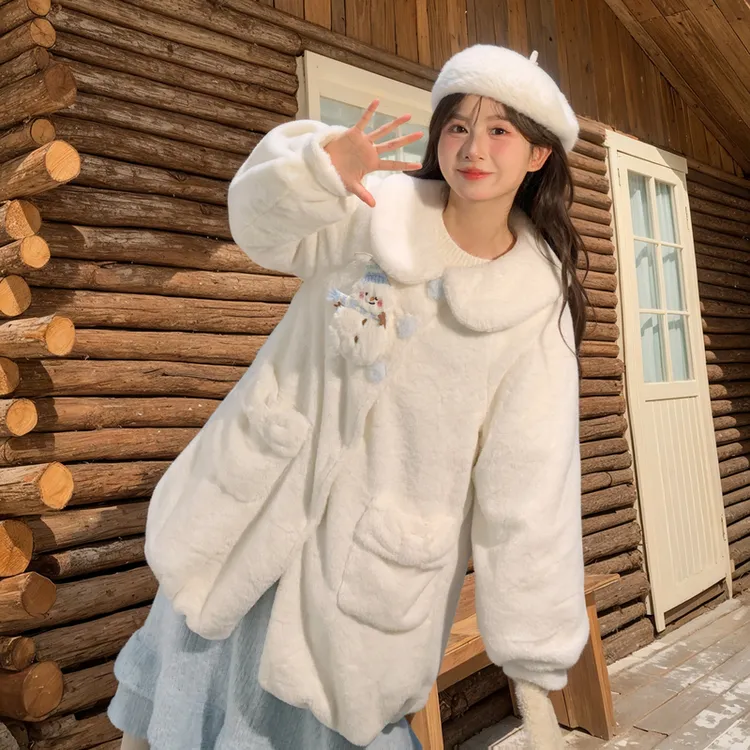 森女部落甜美风雪人设计感毛绒卫衣女新款撞色中长款保暖外套冬季