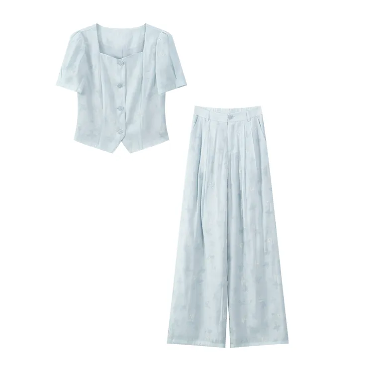 夏季时尚休闲风洋气纯色气质上衣+直筒裤套装-53838573