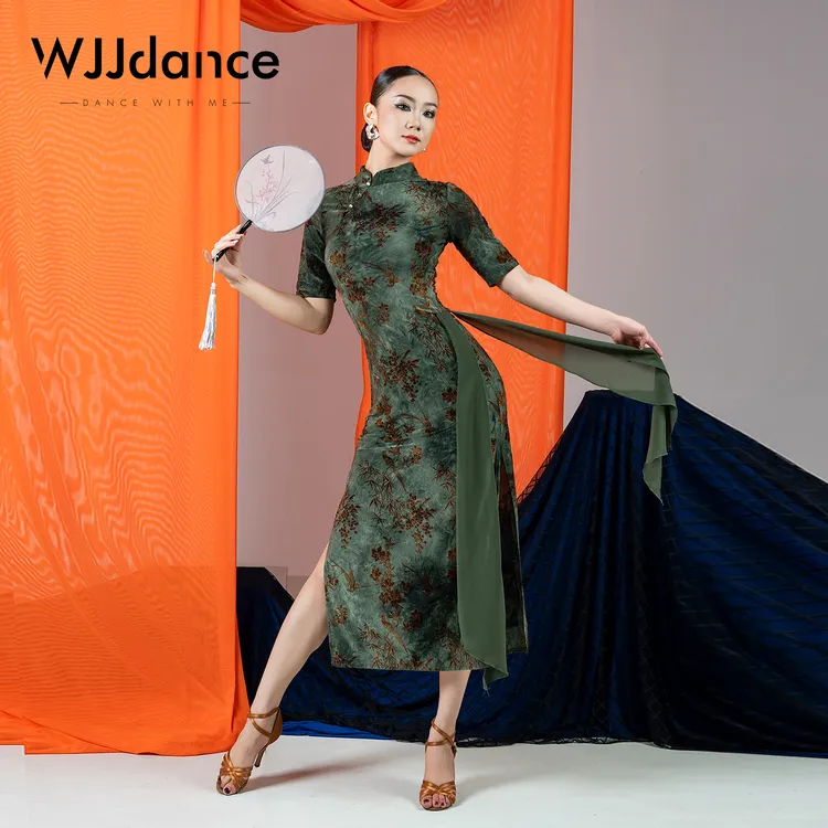 WJJdance拉丁舞连衣裙女2025新款旗袍立领腰部拼接网纱国标练功服