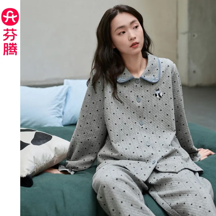 芬腾睡衣女款2025新款秋冬季空气层夹棉长袖长裤套装加大码家居服