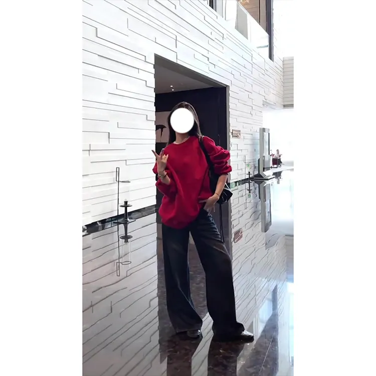 MARIE.COCO复古红色套头长袖针织毛衣女秋季短袖T恤牛仔裤三件套