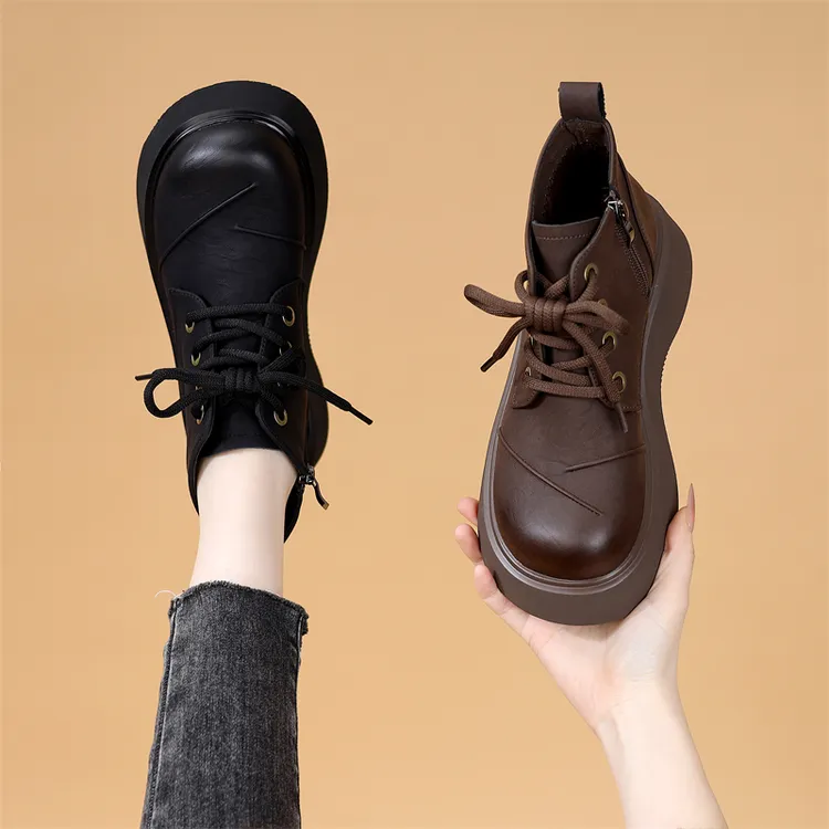 复古厚底显脚小短靴女2025冬季新款加绒舒适软底不累脚低帮马丁靴