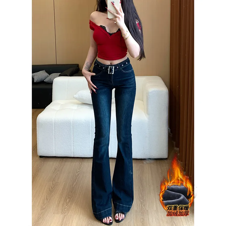 加绒低腰弹力腰带微喇牛仔裤女2025冬季新款显瘦显高百搭喇叭裤