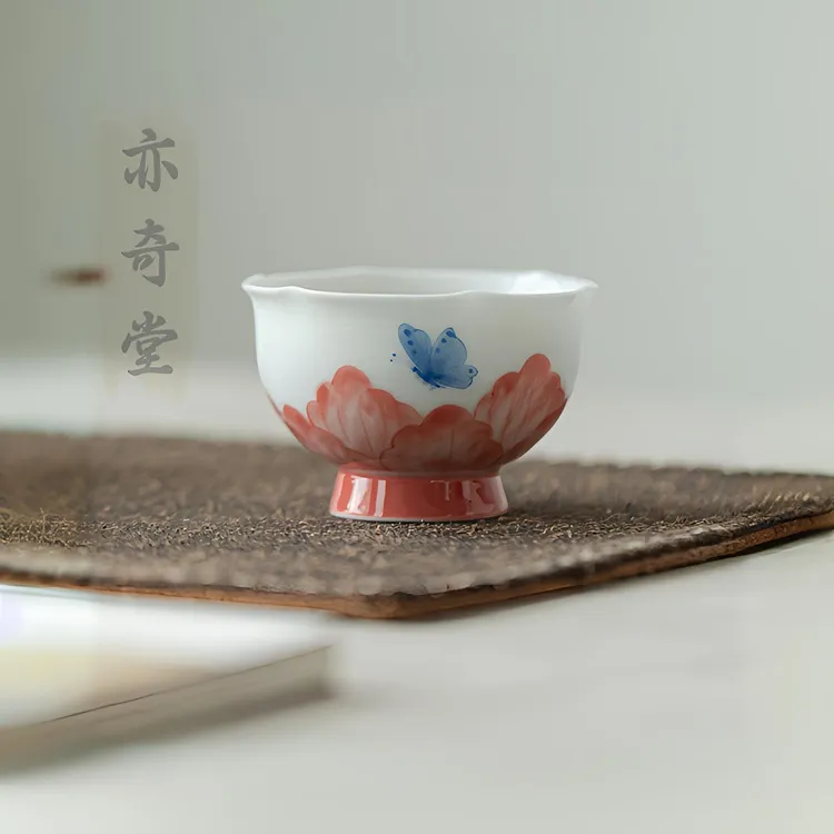 手绘品茗杯釉下彩蝶舞单杯主人杯家用高档茶盏功夫茶具陶瓷茶杯