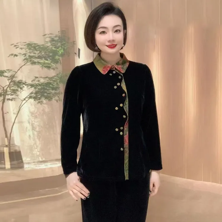 设计师款拼色开衫短外套中老年妈妈时髦女装真丝绒