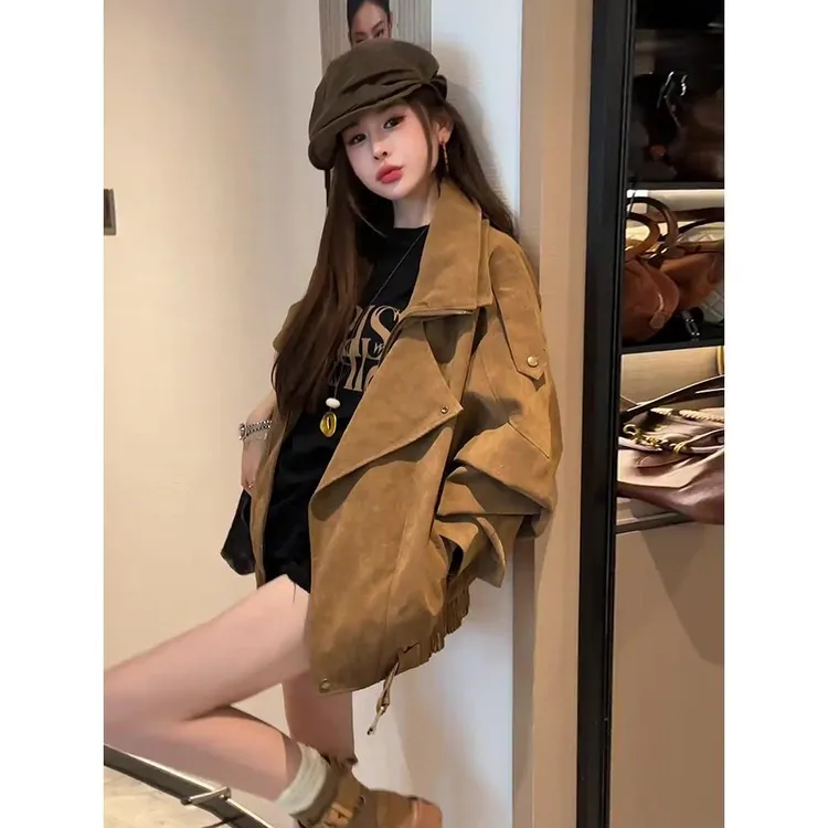 2025秋冬新款美拉德复古咖色麂皮绒机车服外套女皮夹克韩系上衣潮