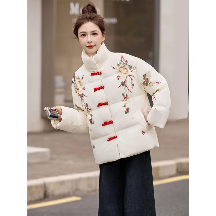 DUCURNO新中式国风刺绣羽绒服女2025冬季新款复古盘扣加厚短外套